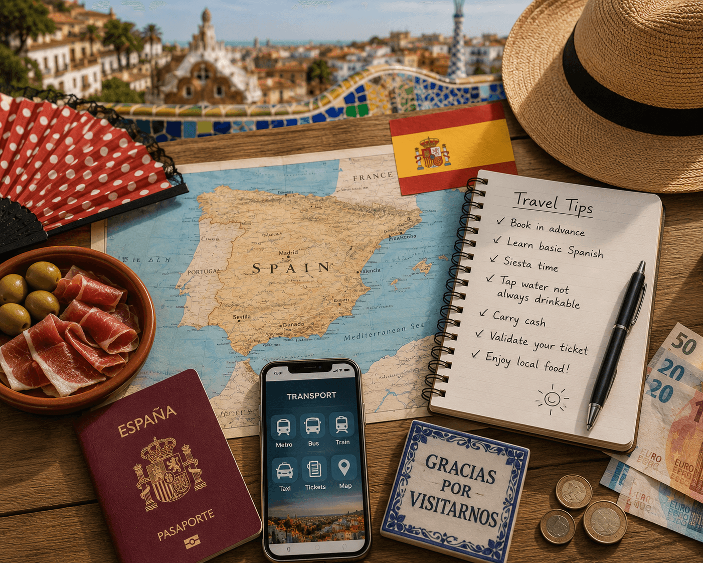 Spain travel map with essential travel tips, Spanish flag and transportation information