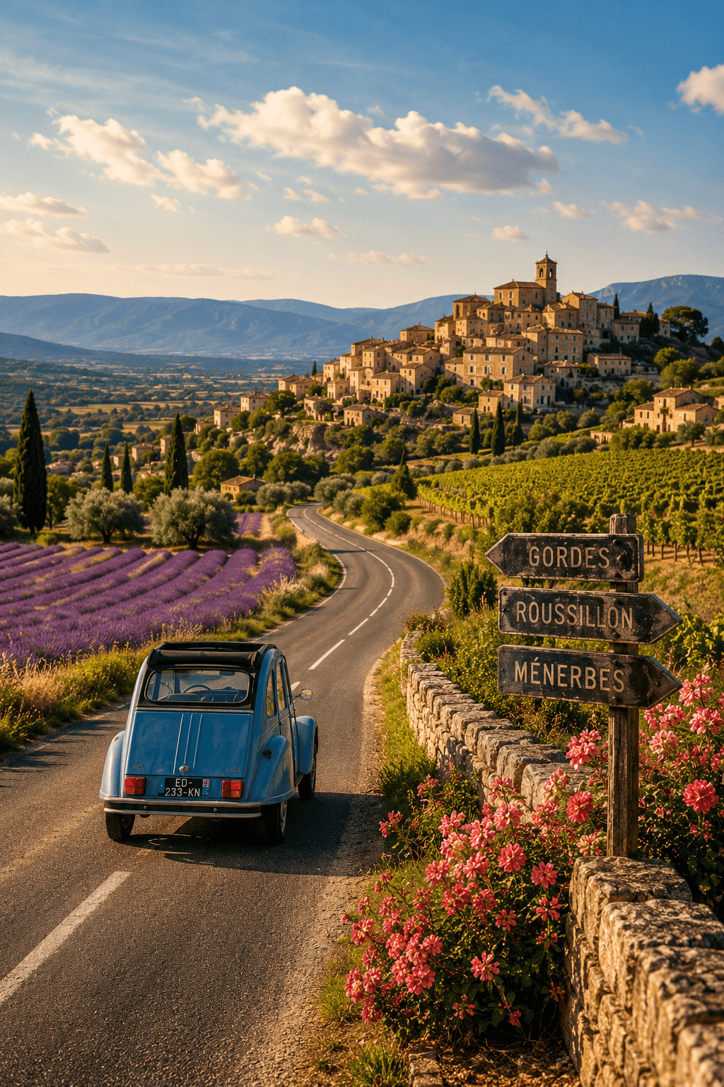 Scenic road through Provence with lavender fields and hilltop village in France
