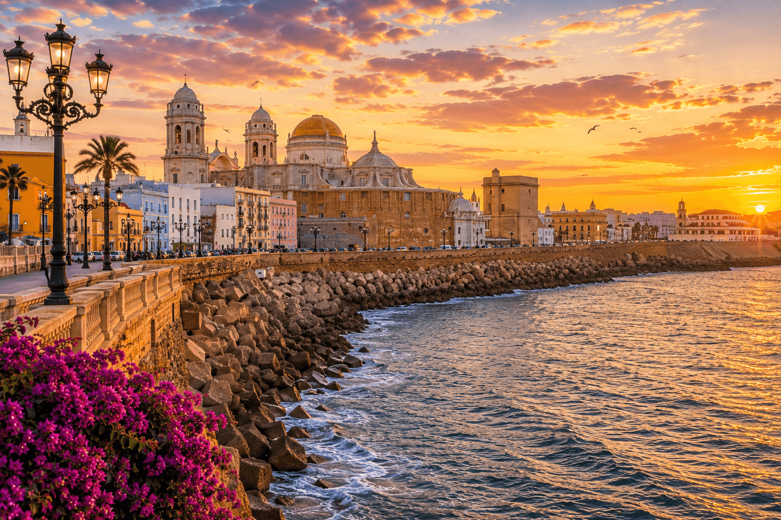 Cadiz Spain travel destination featuring historic waterfront and cathedral
