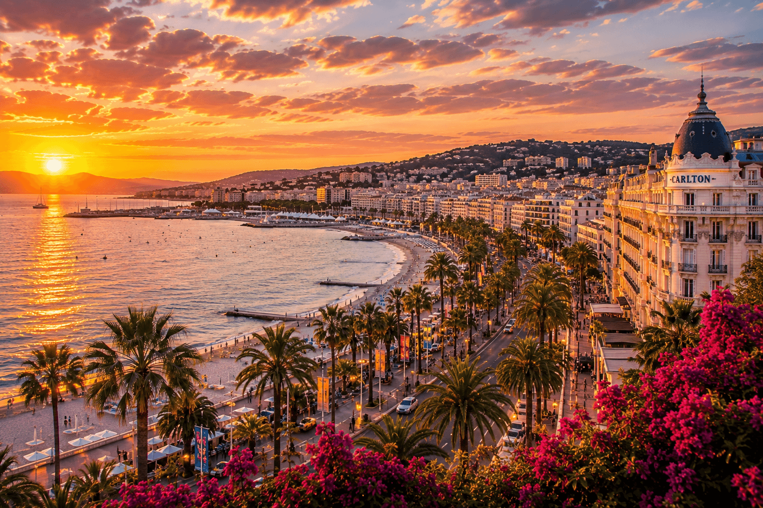 Cannes waterfront and palm-lined promenade during golden hour on the French Riviera.