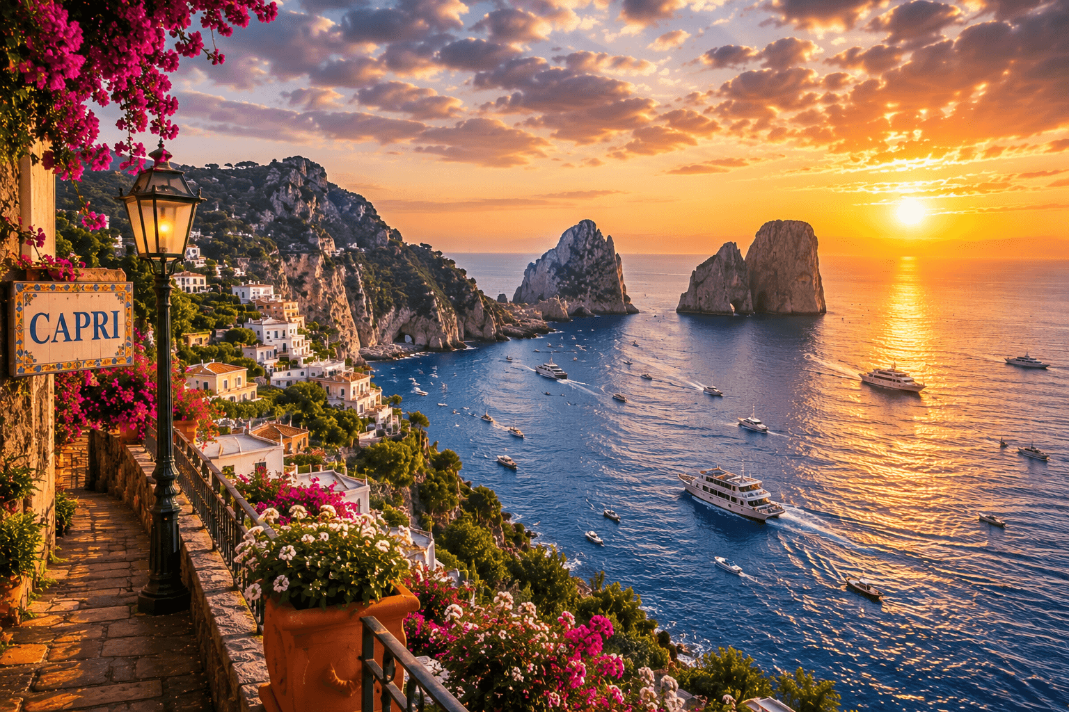 Capri island coastline at sunset