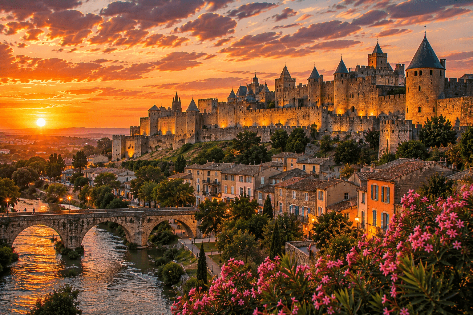 Medieval fortress of Carcassonne illuminated at sunset in southern France.