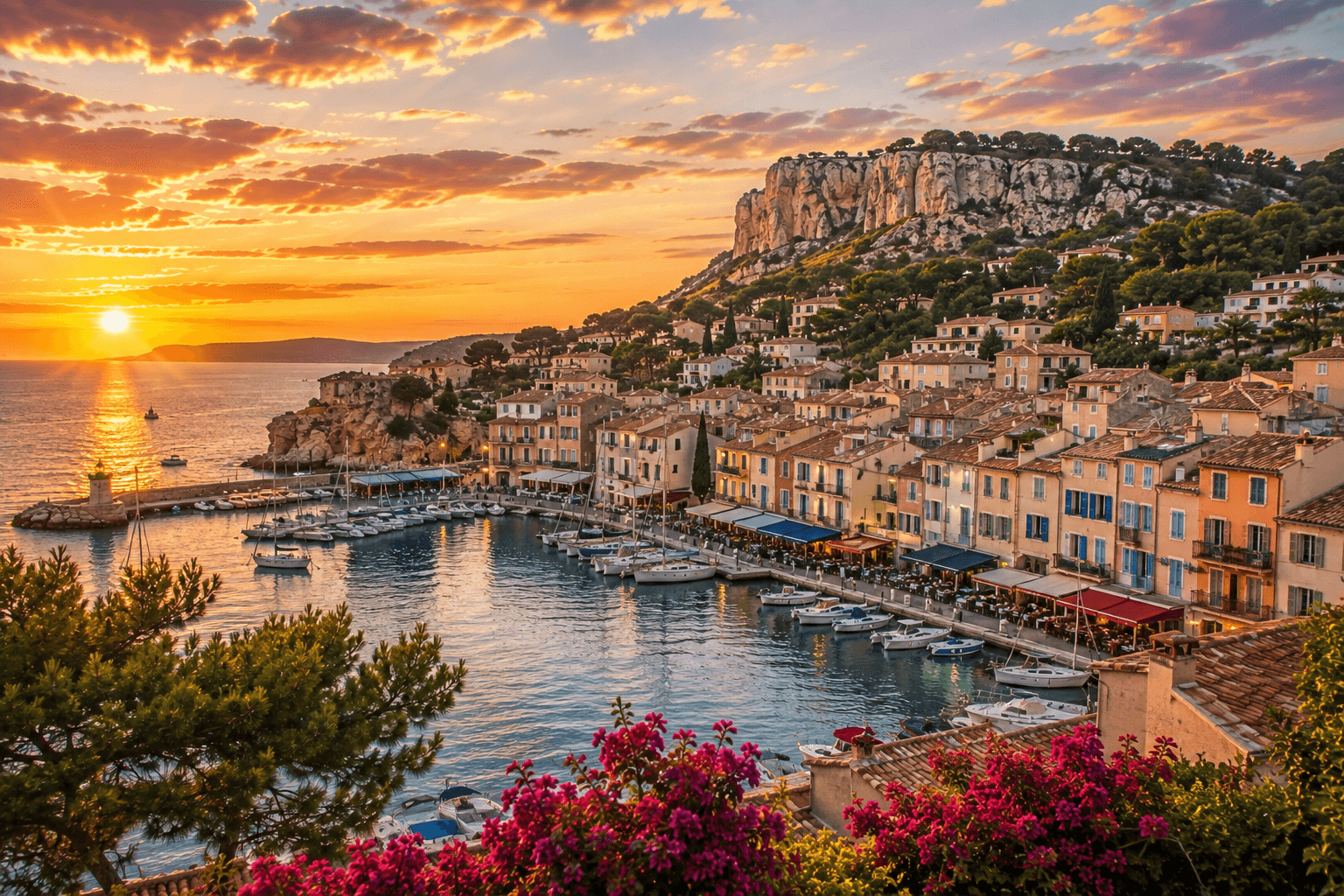 Cassis harbor with colorful boats and Mediterranean coastline at sunset.