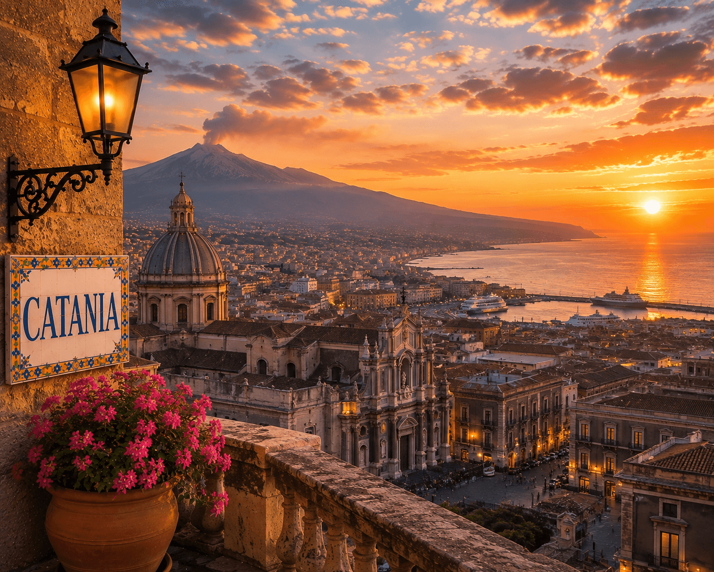 Catania historic center near Mount Etna at sunset