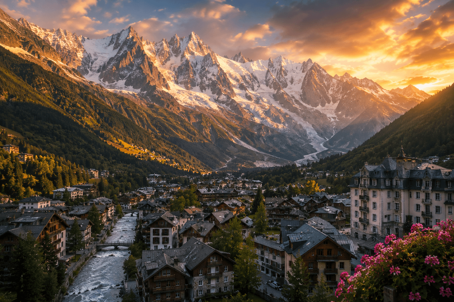Chamonix village beneath Mont Blanc in the French Alps during sunset.