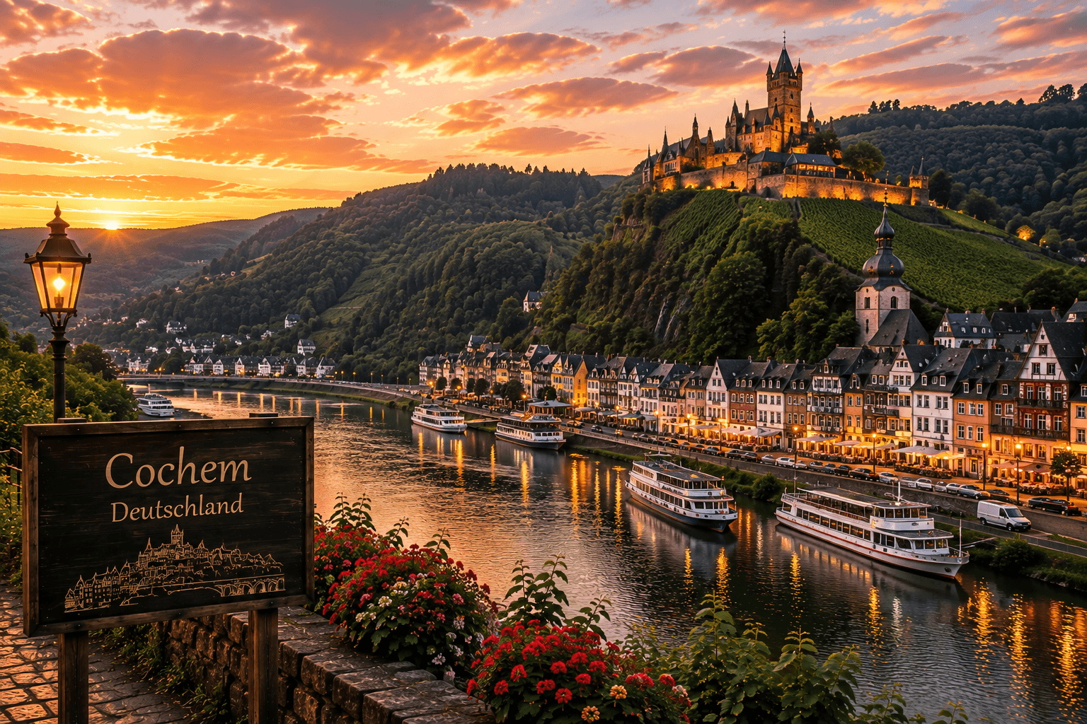 Cochem Germany Moselle River and Reichsburg Castle at sunset