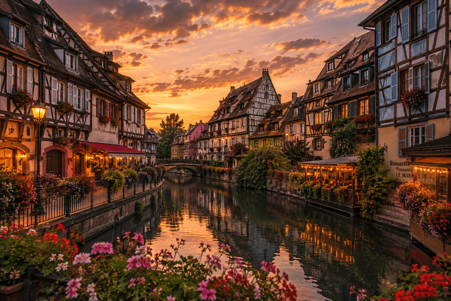 Colorful half-timbered houses along the canals of Colmar, France during sunset.
