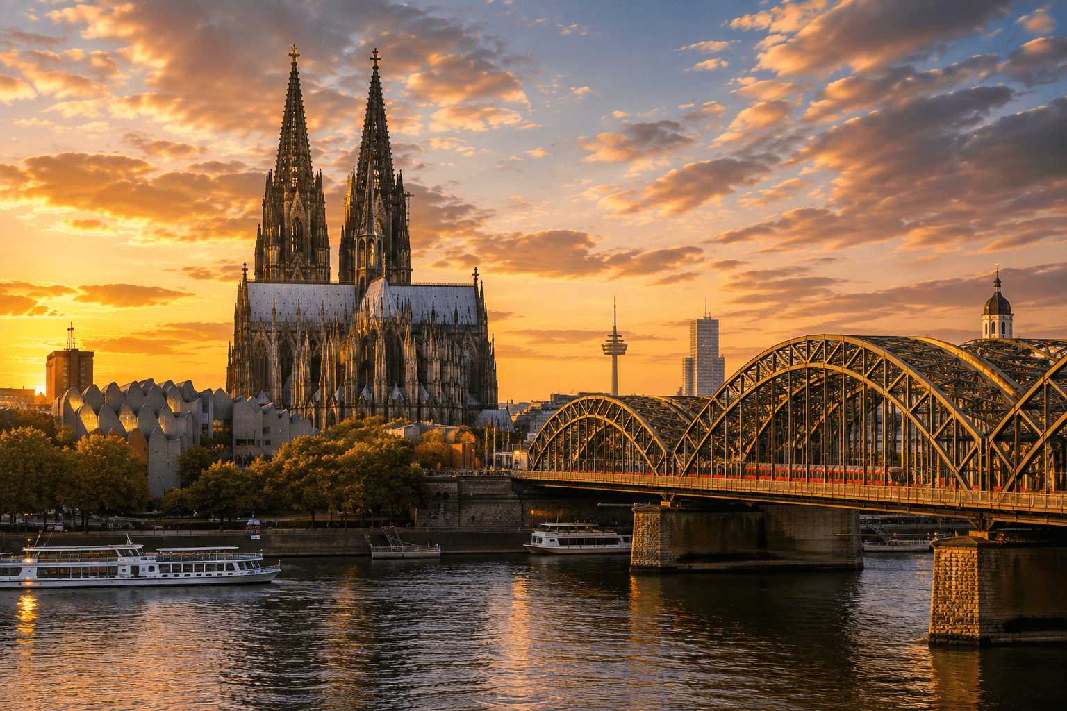Cologne Germany cathedral and Rhine River at sunset
