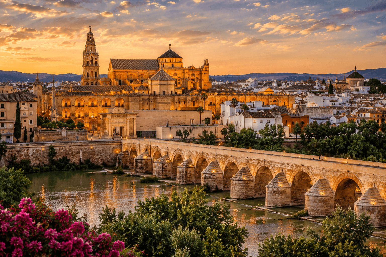 Cordoba Spain travel destination featuring the historic Roman Bridge and old city