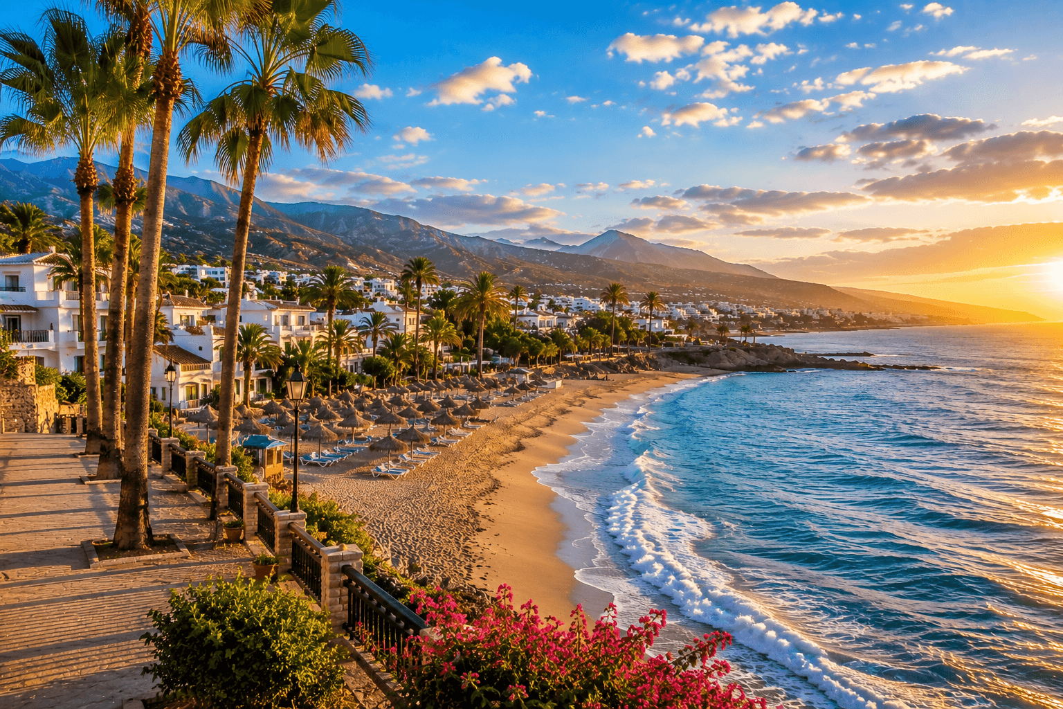 Costa del Sol Spain travel destination featuring sandy beach, palm trees and Mediterranean coast