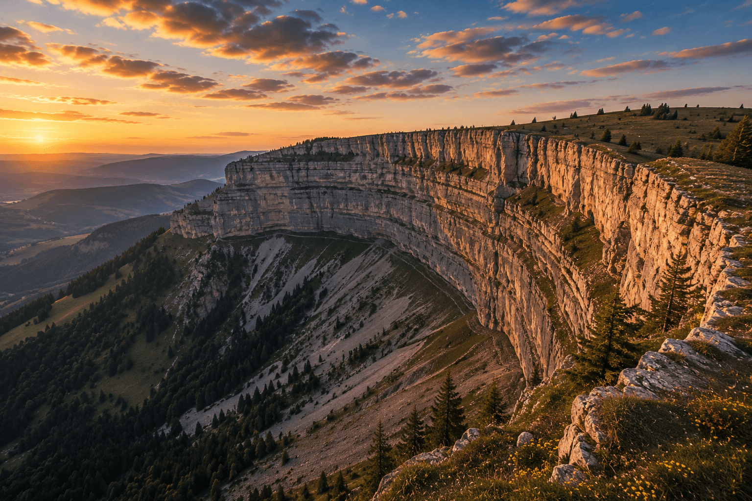 Creux du Van limestone cliffs and natural amphitheatre in Switzerland