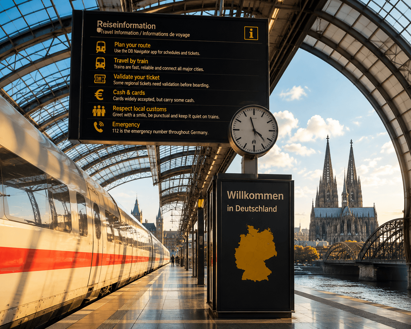 Germany travel planning with map, camera and travel essentials overlooking a scenic German town
