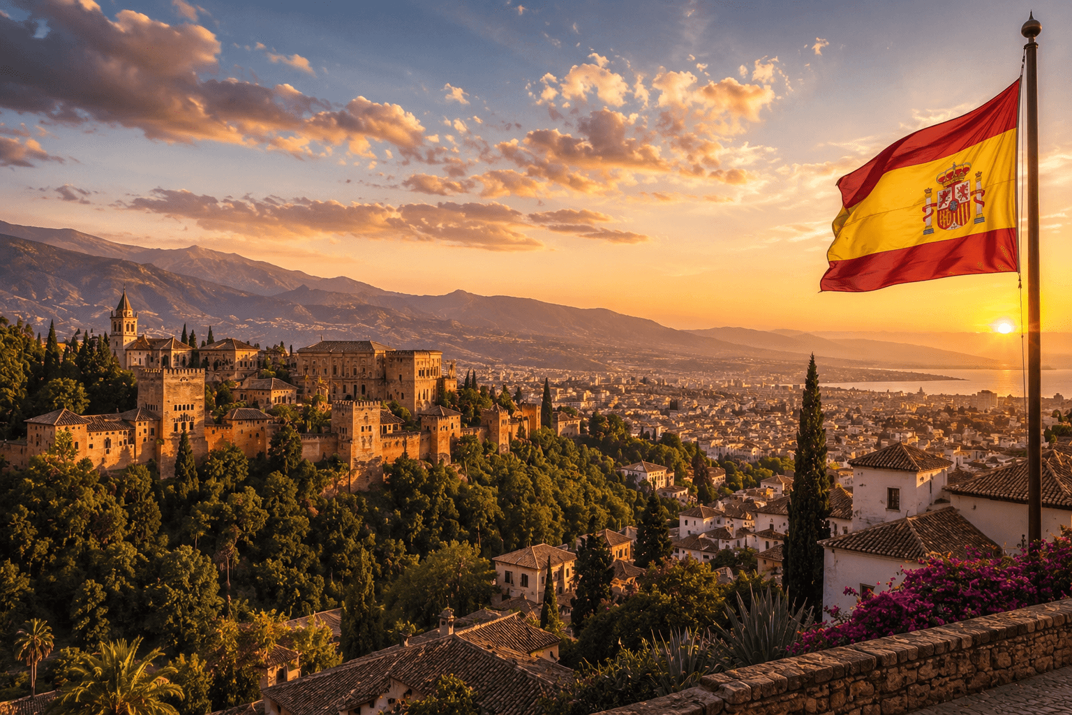 Spain travel landscape with historic architecture and Spanish flag at sunset