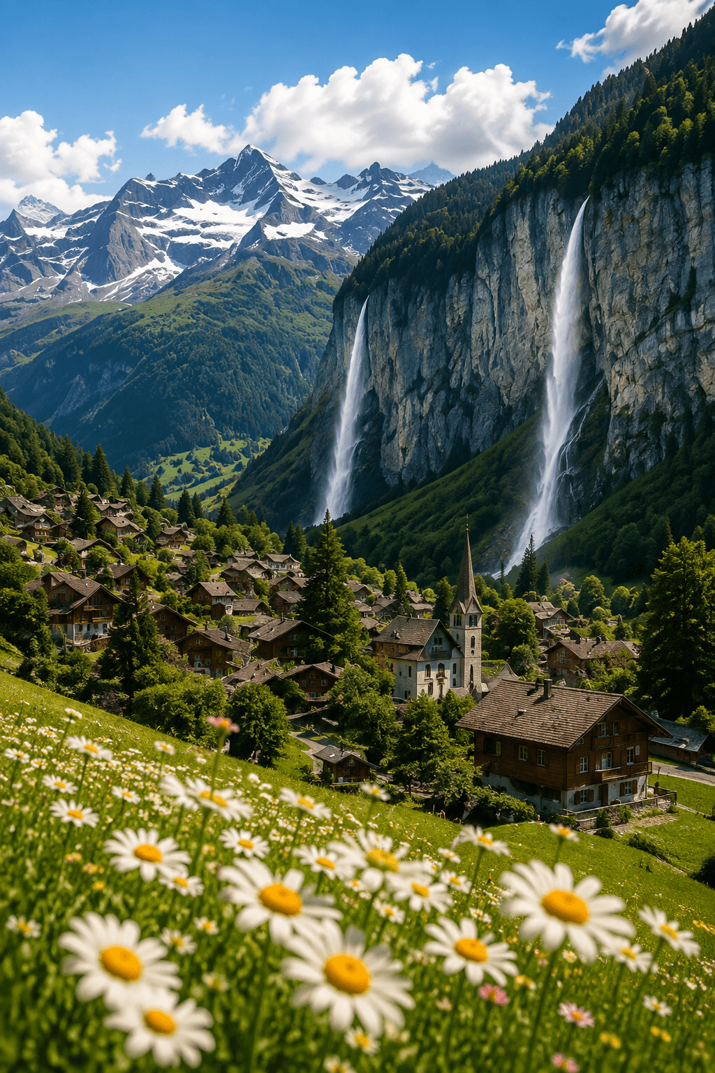 Lauterbrunnen Valley waterfalls and Swiss Alps in Switzerland