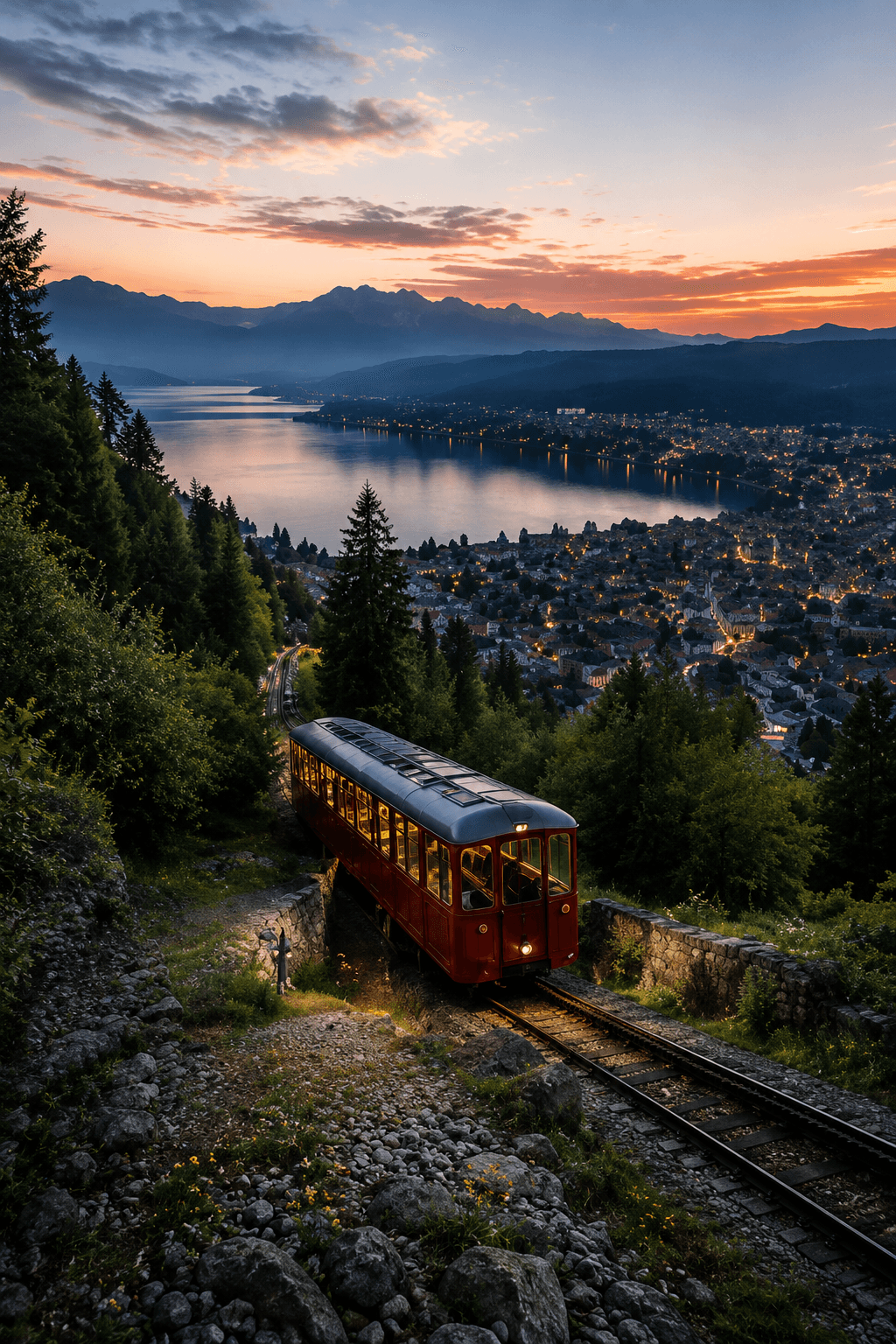 Scenic Swiss train overlooking a lake and Alpine mountains in Switzerland