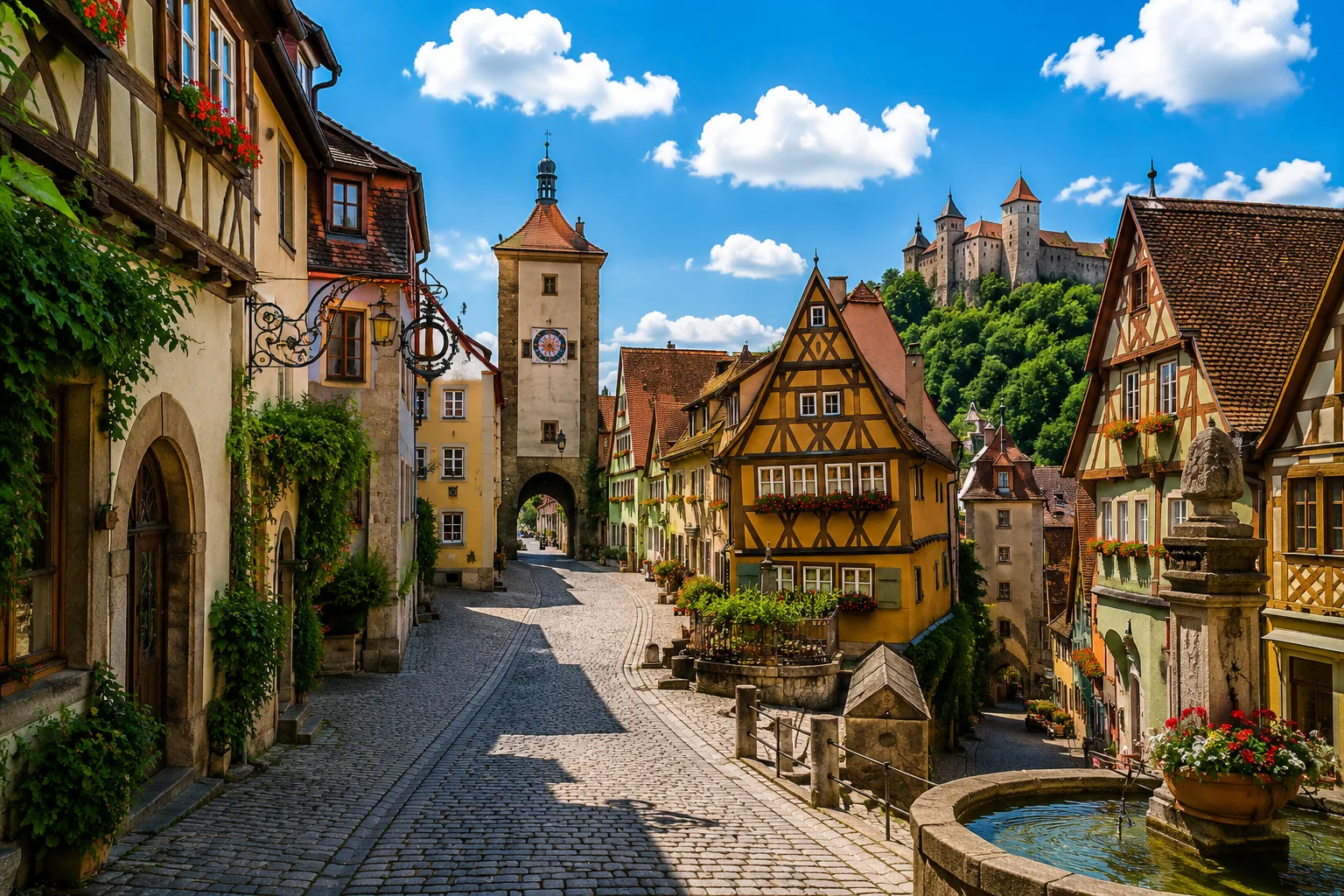 Historic German small town with half-timbered houses and medieval streets