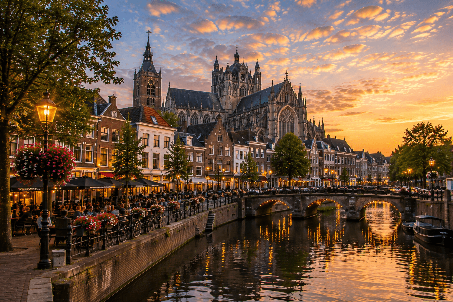 Den Bosch Netherlands historic city center and canal at sunset