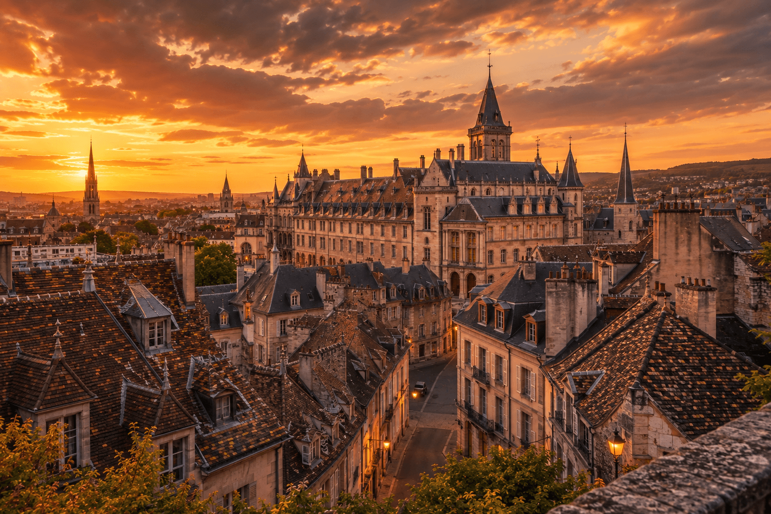 Historic center of Dijon, France with elegant architecture during sunset.