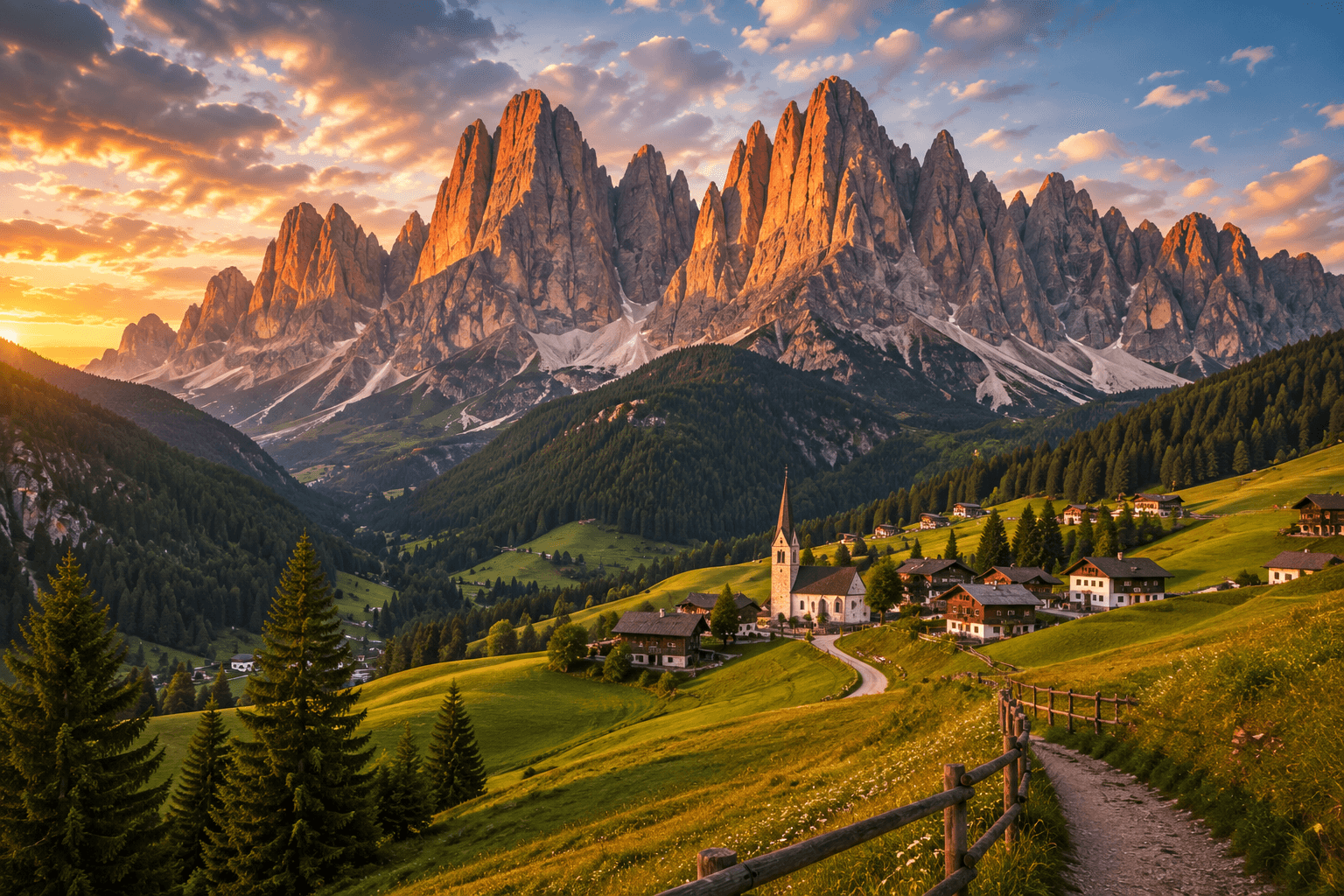 Dolomites mountain landscape at sunset