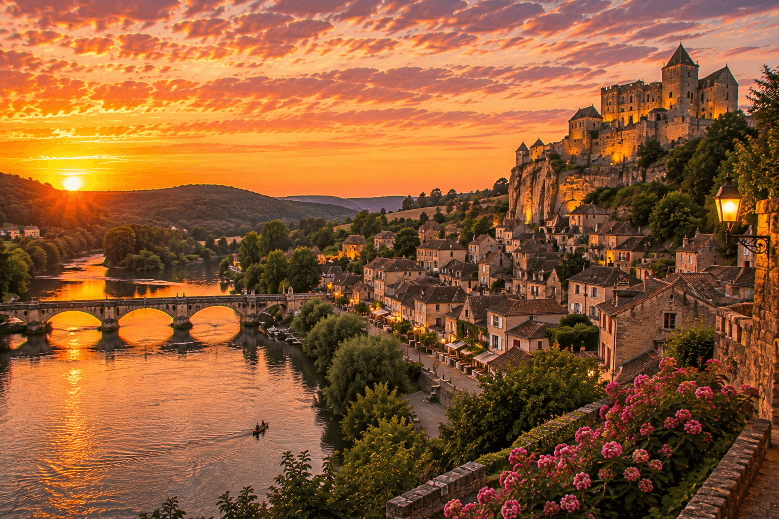 Dordogne Valley with medieval villages, rivers and castles during golden hour.