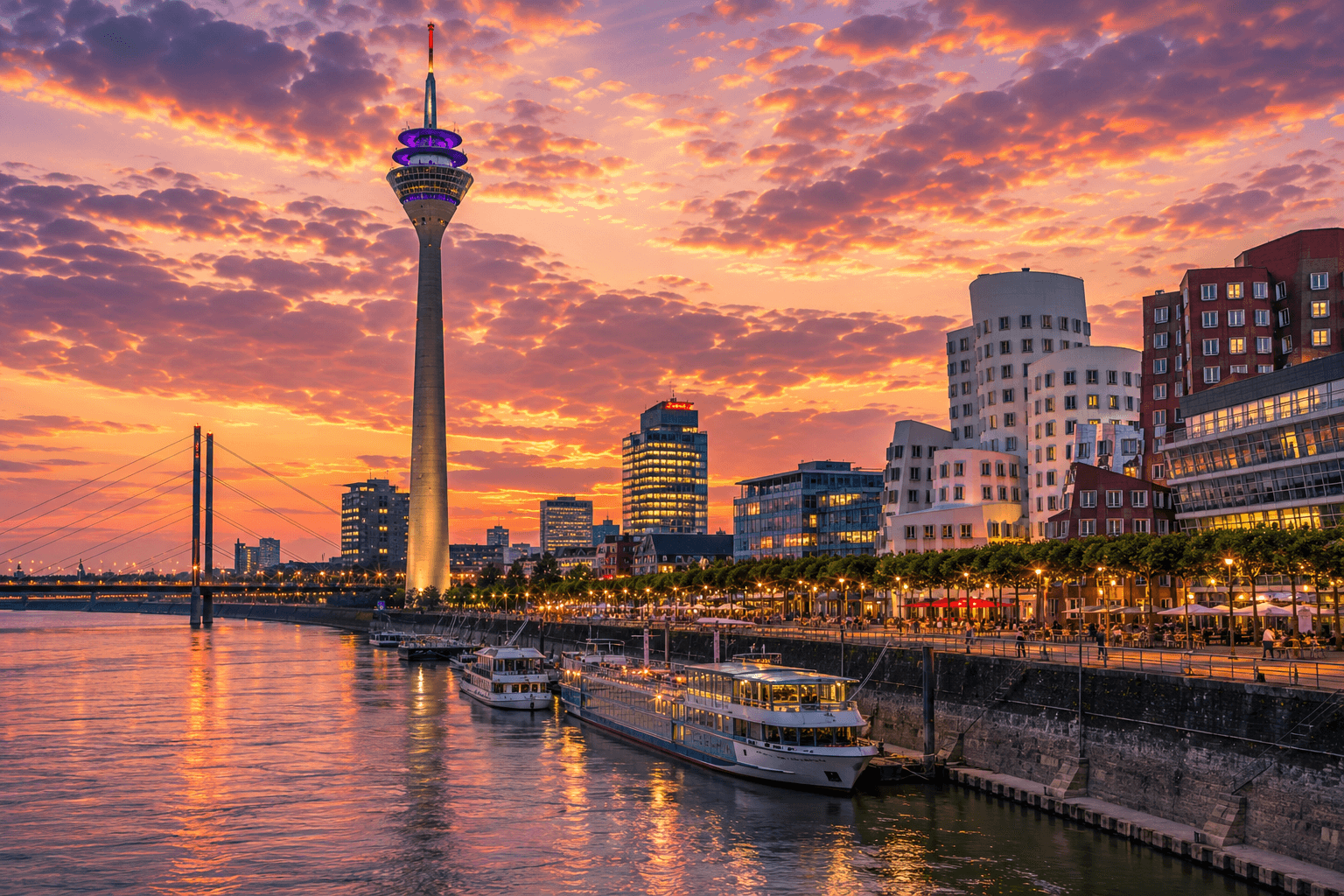 Düsseldorf Germany Rhine waterfront and city skyline at sunset