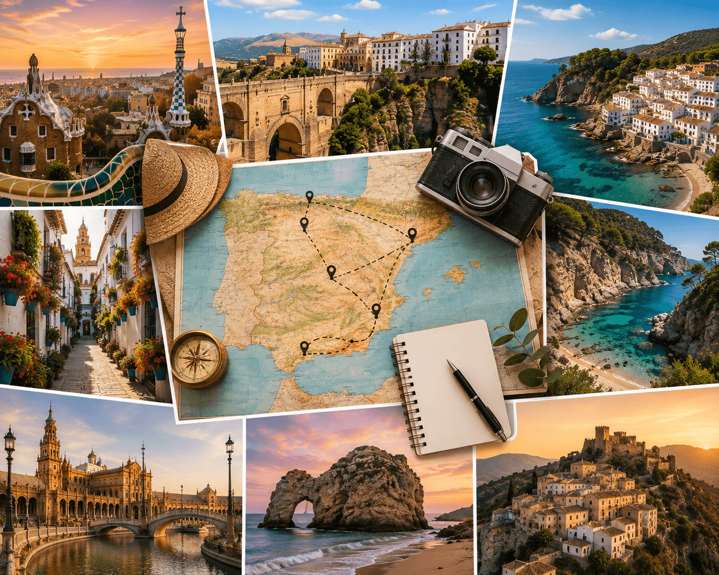 Spain travel itinerary with map, historic cities, coastal destinations and Spanish landmarks
