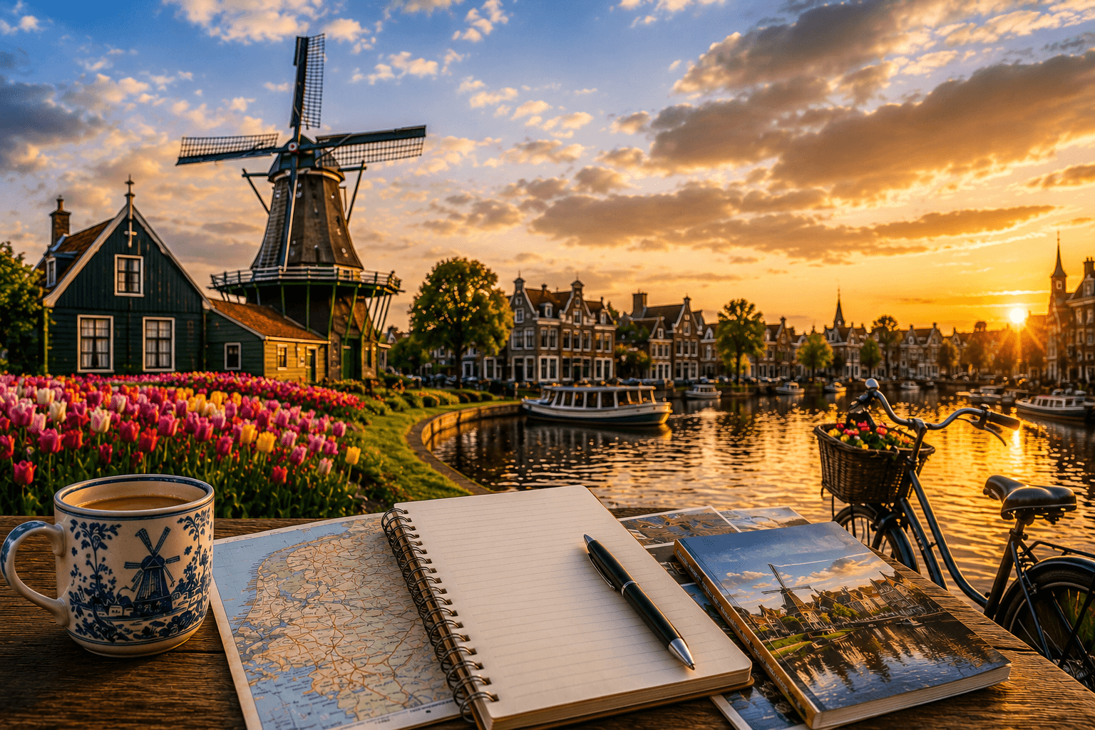 Dutch windmill and canal landscape at sunset in the Netherlands