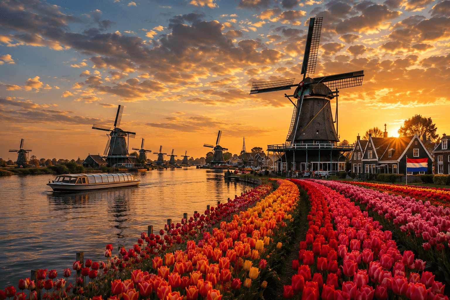 Netherlands landscape with windmills, tulip fields and traditional Dutch village at sunset