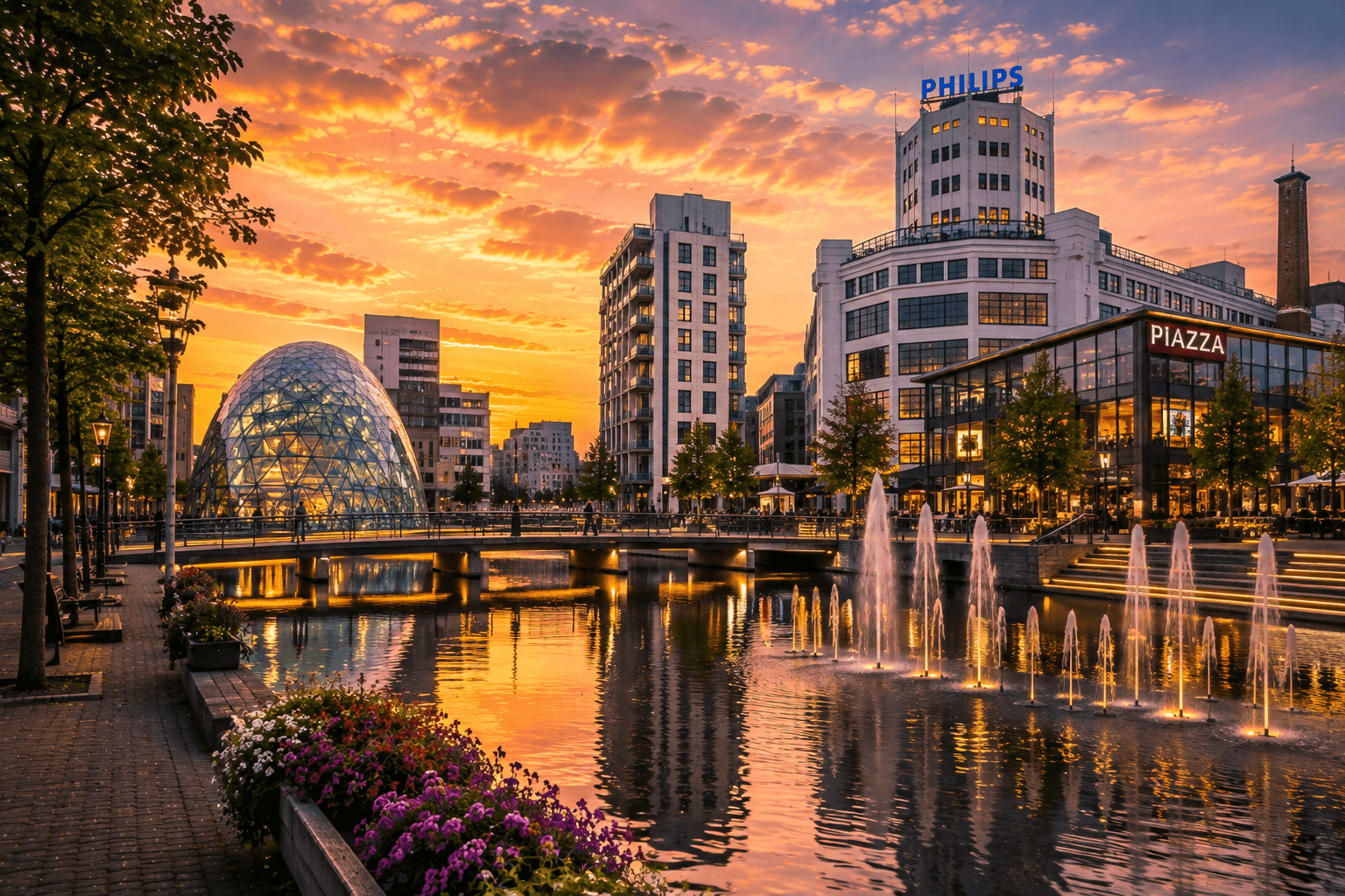 Eindhoven Netherlands modern city skyline and architecture at sunset