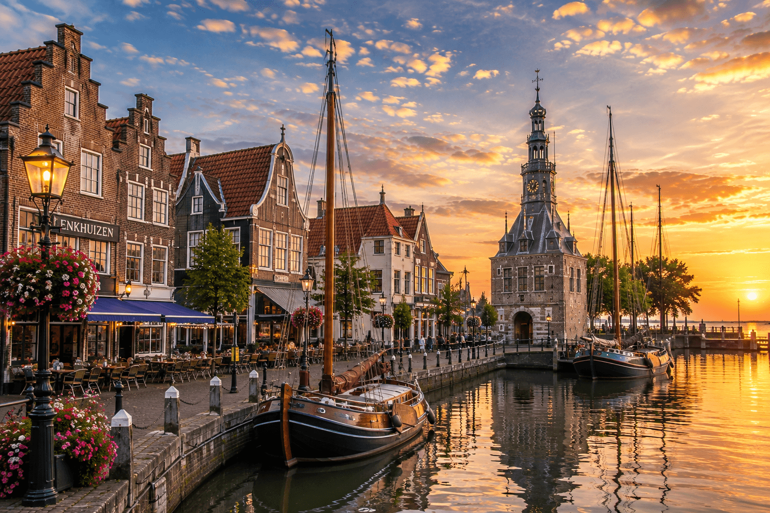 Enkhuizen Netherlands historic harbor with traditional Dutch boats at sunset