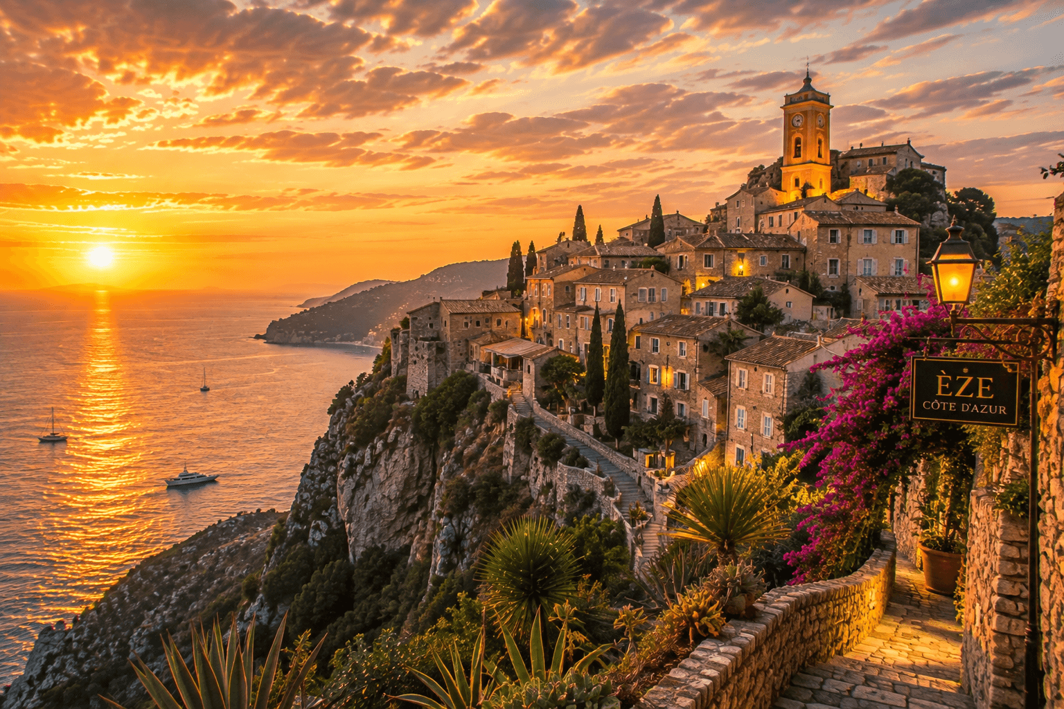 Medieval hilltop village of Èze overlooking the French Riviera at sunset.