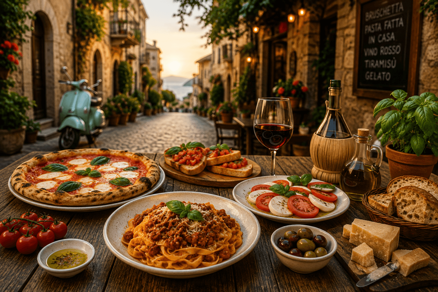 Traditional Italian dishes with pasta, pizza, bruschetta and local wine