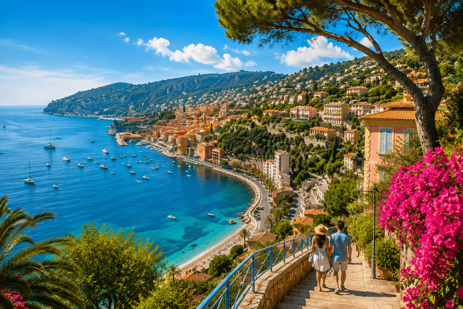 French Riviera coastline with turquoise Mediterranean sea and colorful coastal town