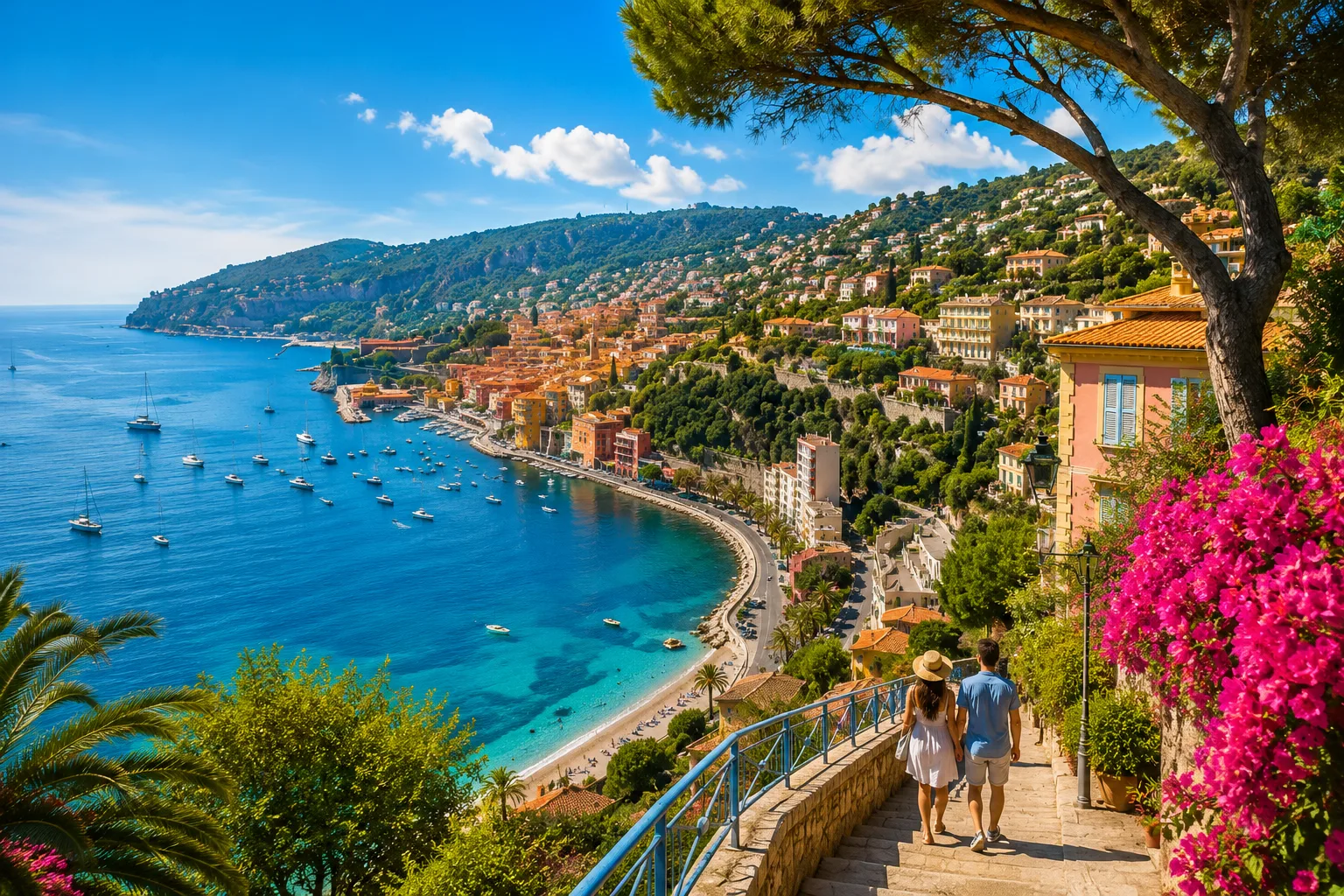 French Riviera coastline with turquoise Mediterranean sea and colorful coastal town