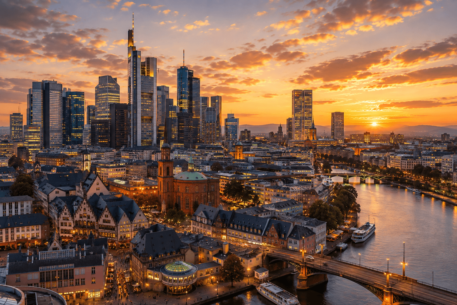 Frankfurt Germany skyline and Main River at sunset