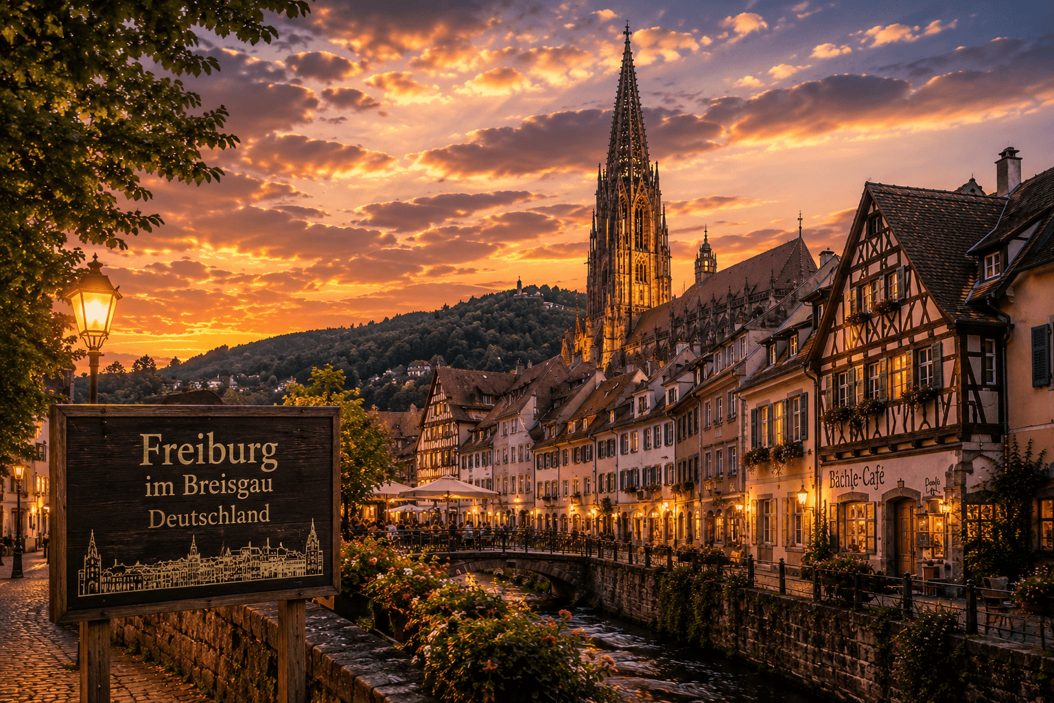 Freiburg im Breisgau Germany historic old town and cathedral at sunset