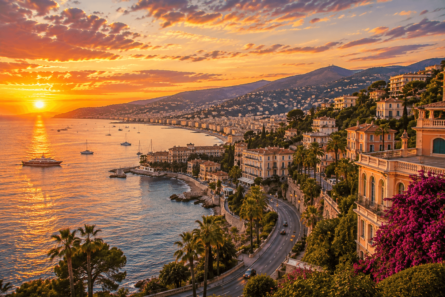 French Riviera coastline with Mediterranean Sea and luxury coastal towns at sunset.