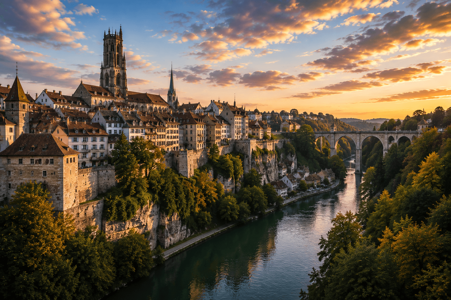 Medieval Fribourg old town with bridges, cathedral and Swiss landscape
