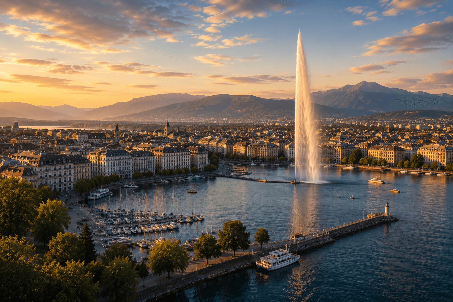 Geneva waterfront with Jet d’Eau, Lake Geneva and the Swiss Alps