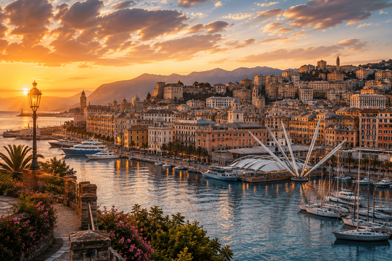 Genoa harbor and old town at sunset