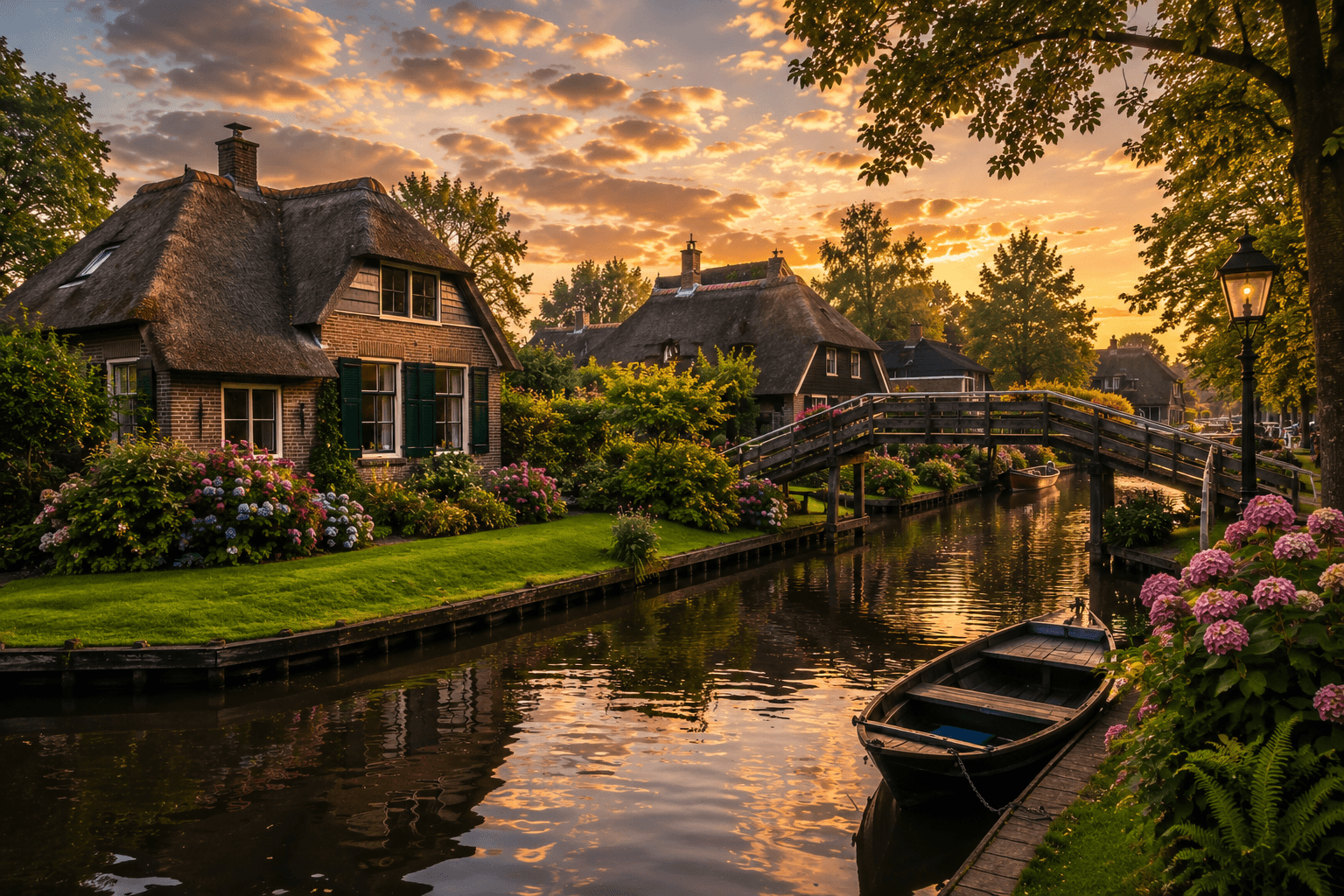 Giethoorn Netherlands traditional thatched houses and canal at sunset