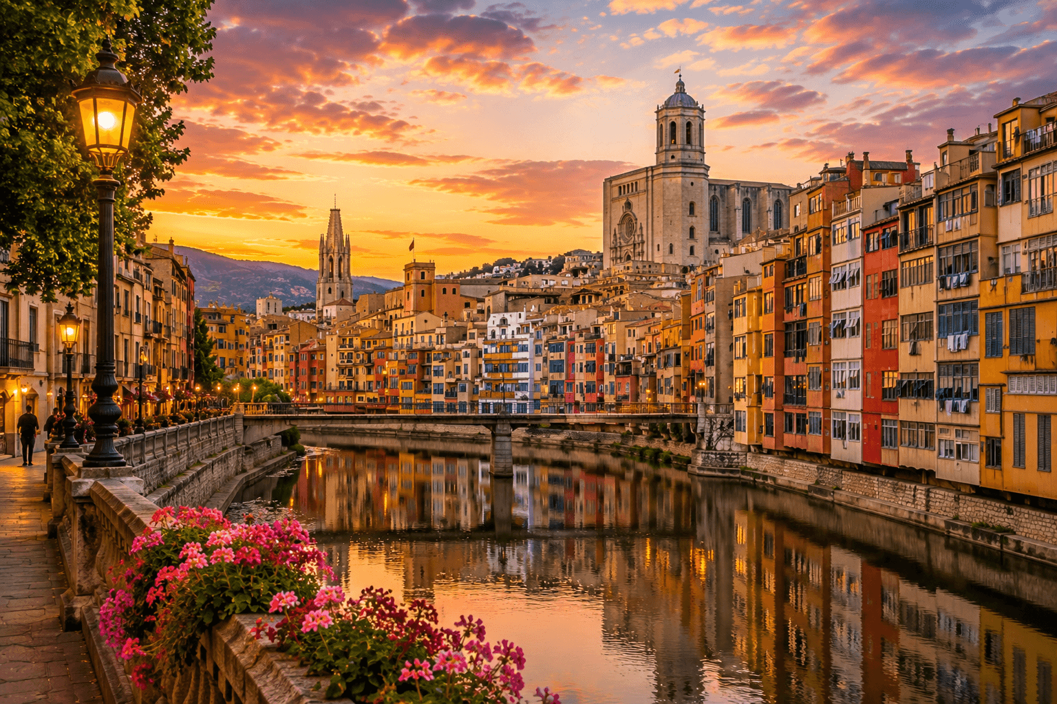 Girona Spain travel destination featuring colorful houses along the Onyar River