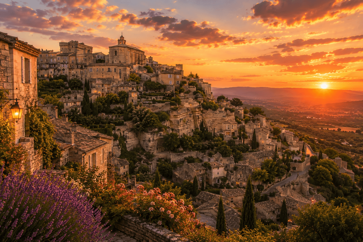 Hilltop village of Gordes in Provence overlooking the countryside during sunset.