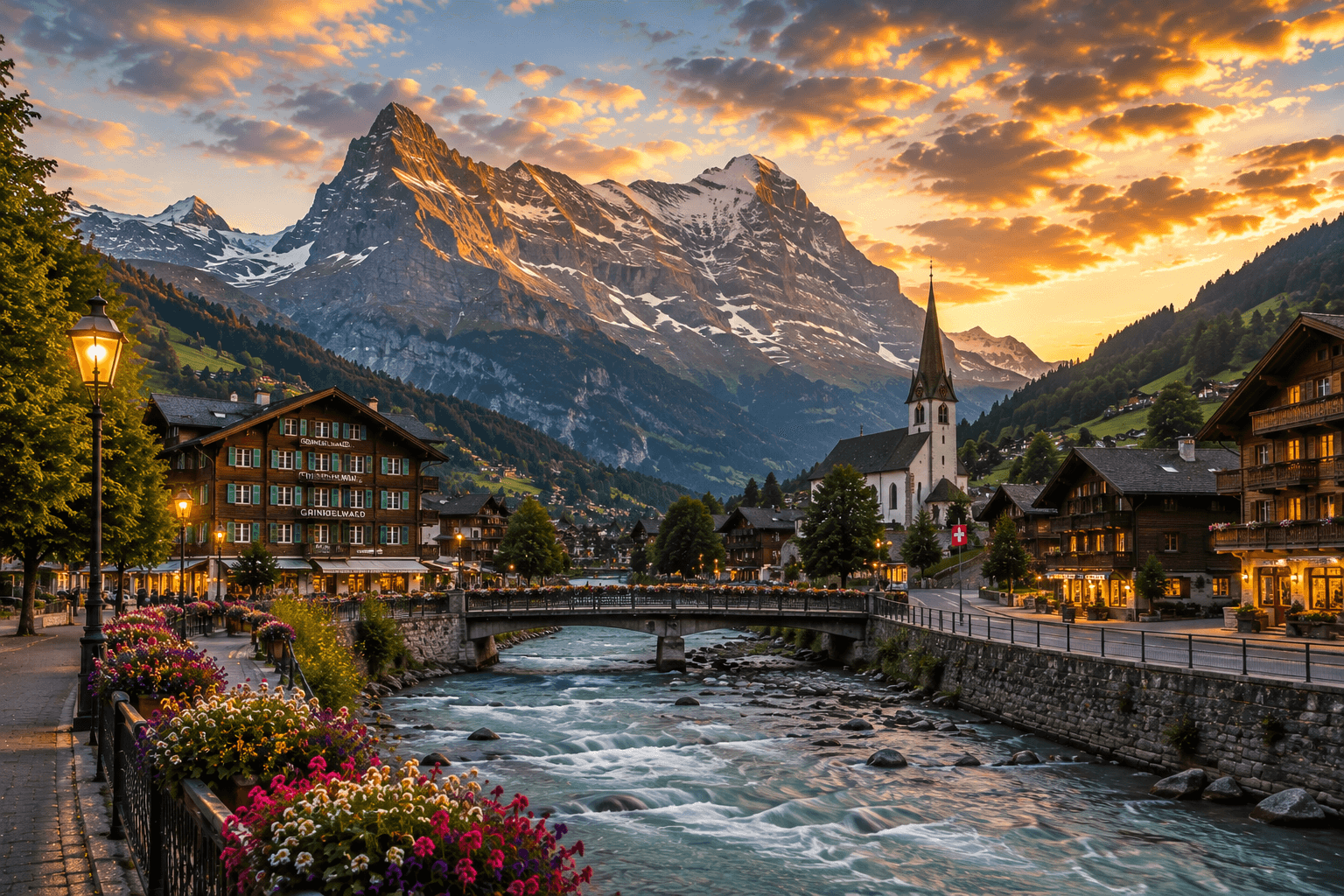 Grindelwald village beneath towering alpine peaks in the Bernese Oberland