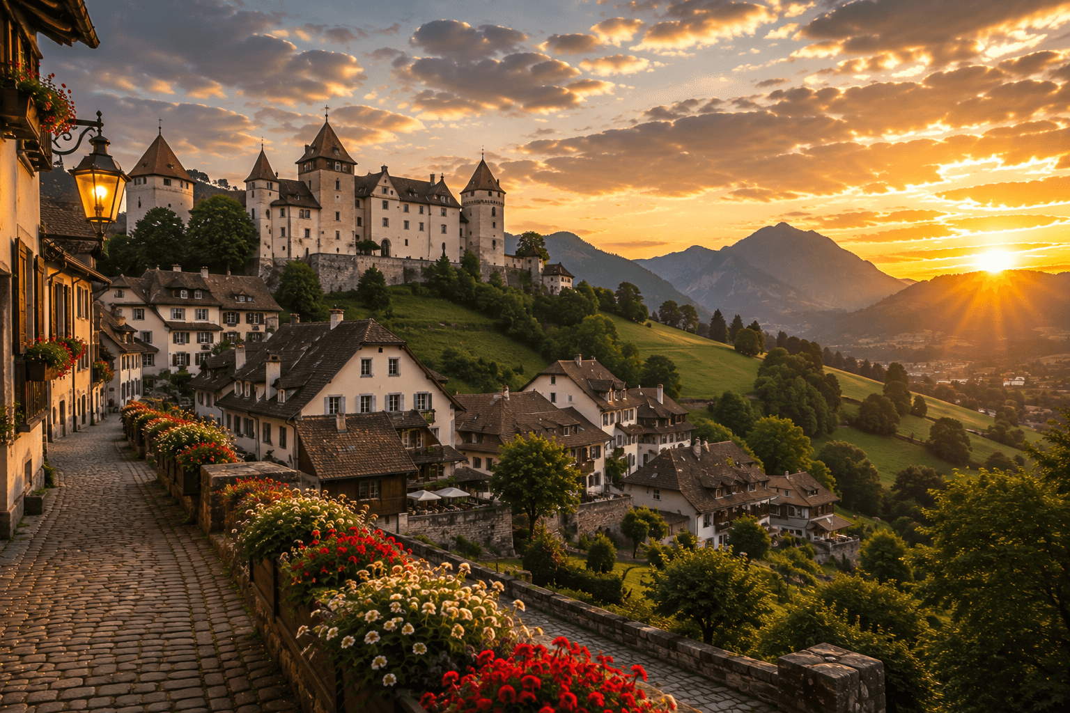 Fairytale Gruyères village with medieval castle and green Swiss countryside