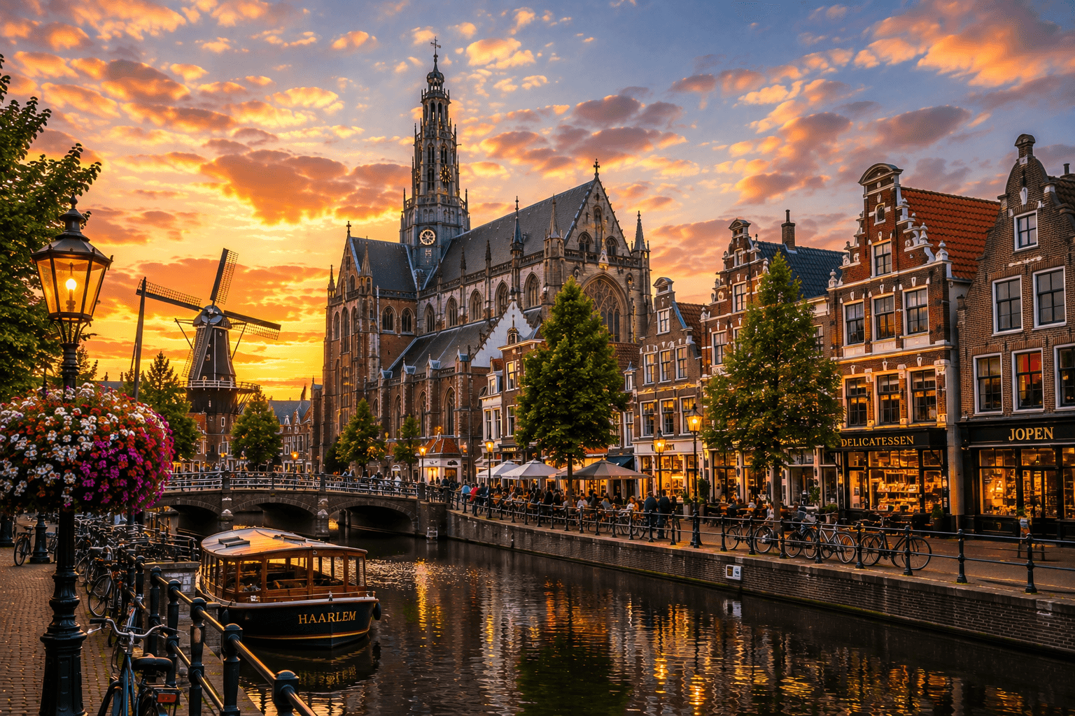 Haarlem Netherlands historic Grote Markt and Grote Kerk at sunset
