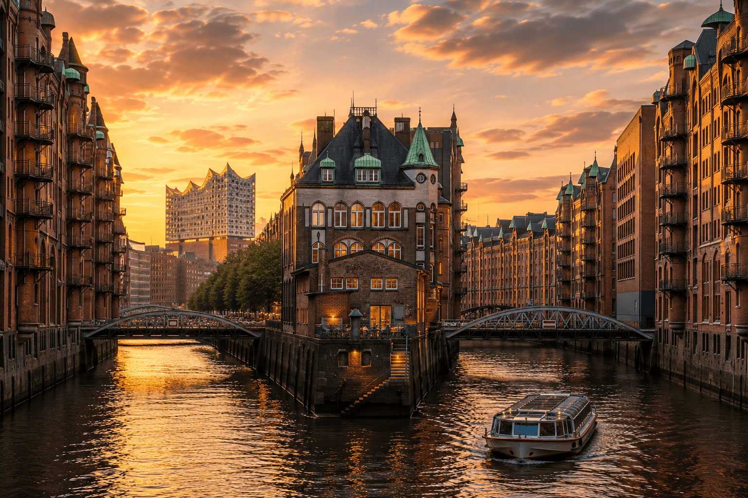 Hamburg Germany waterfront Speicherstadt and city architecture at sunset