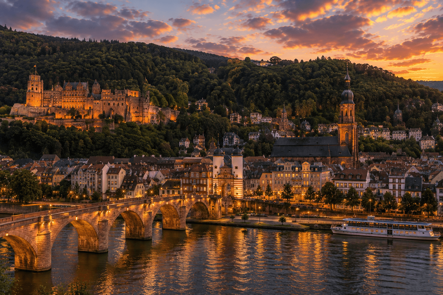 Heidelberg Germany old town castle and Neckar River at sunset