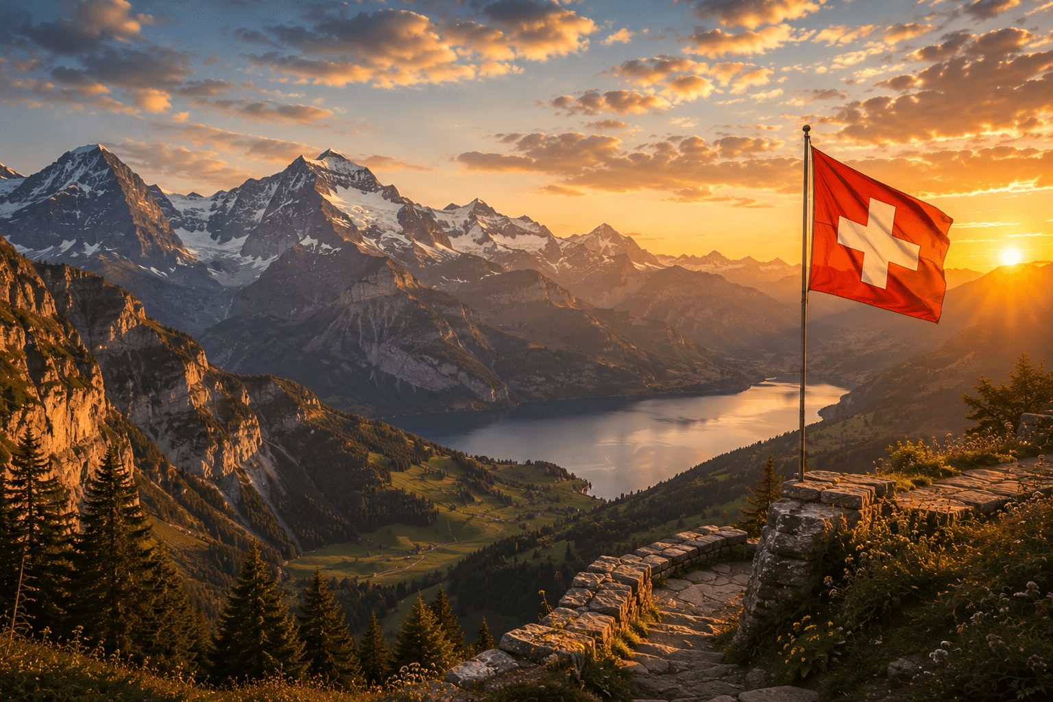 Panoramic Swiss Alps with lakes, valleys and the Swiss flag representing Switzerland