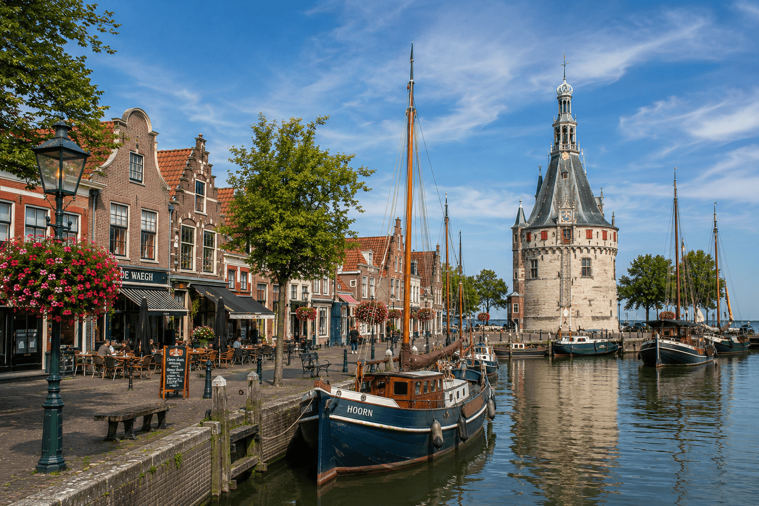 Hoorn Netherlands historic harbor with traditional boats and old town